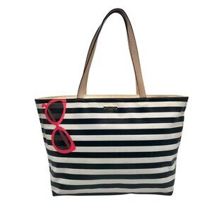 Kate Spade Black And White Leather Splash Out Striped Francis Tote